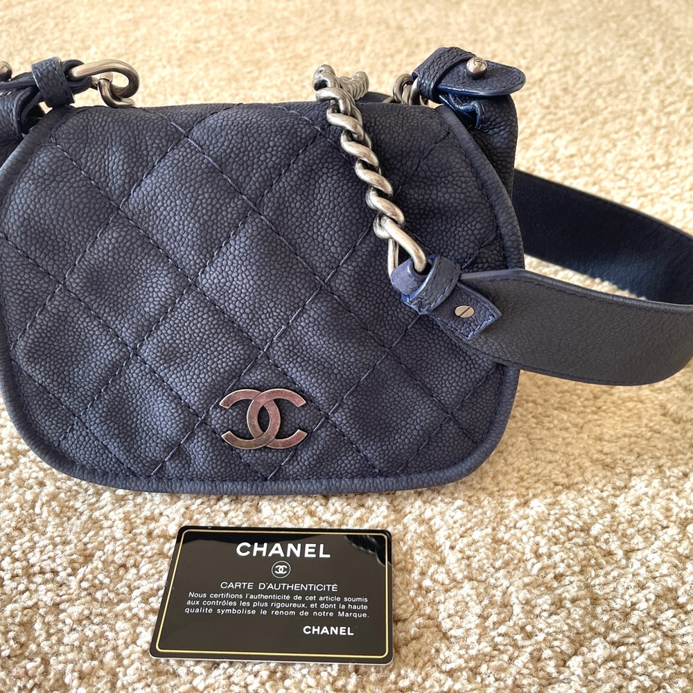 RARE CHANEL SUEDED CAVIAR DARK BLUE CROSSBODY SHOULDER BAG. EUC WITH AUTH CARD!